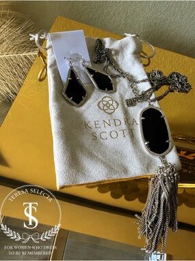 Kendra Scott Black Stone Tassel Necklace & Drop Earrings Jewelry Set w/ Dust Bag